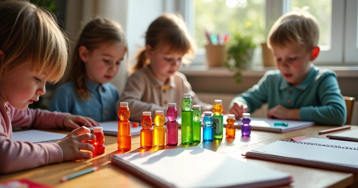 Crianças organizando tampinhas coloridas em sequência numérica crescente na mesa