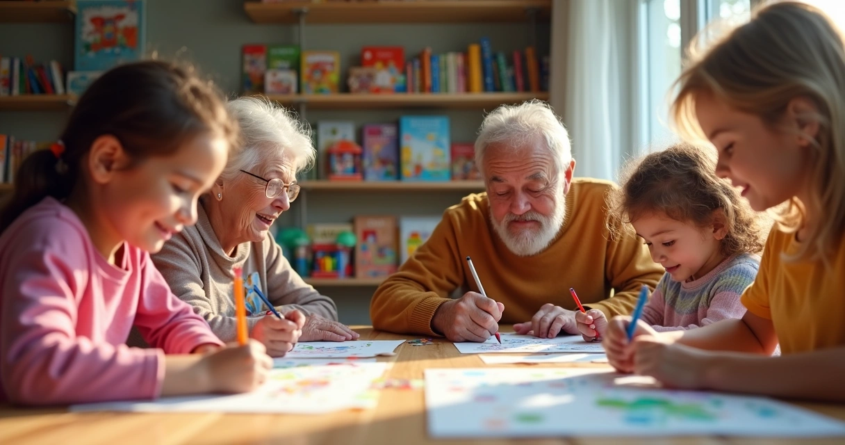 Crianças e avós desenhando em uma mesa juntos