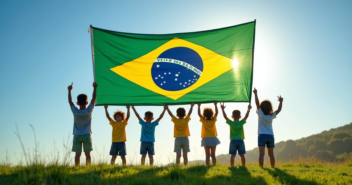 Crianças segurando bandeira do Brasil sorrindo juntas. 