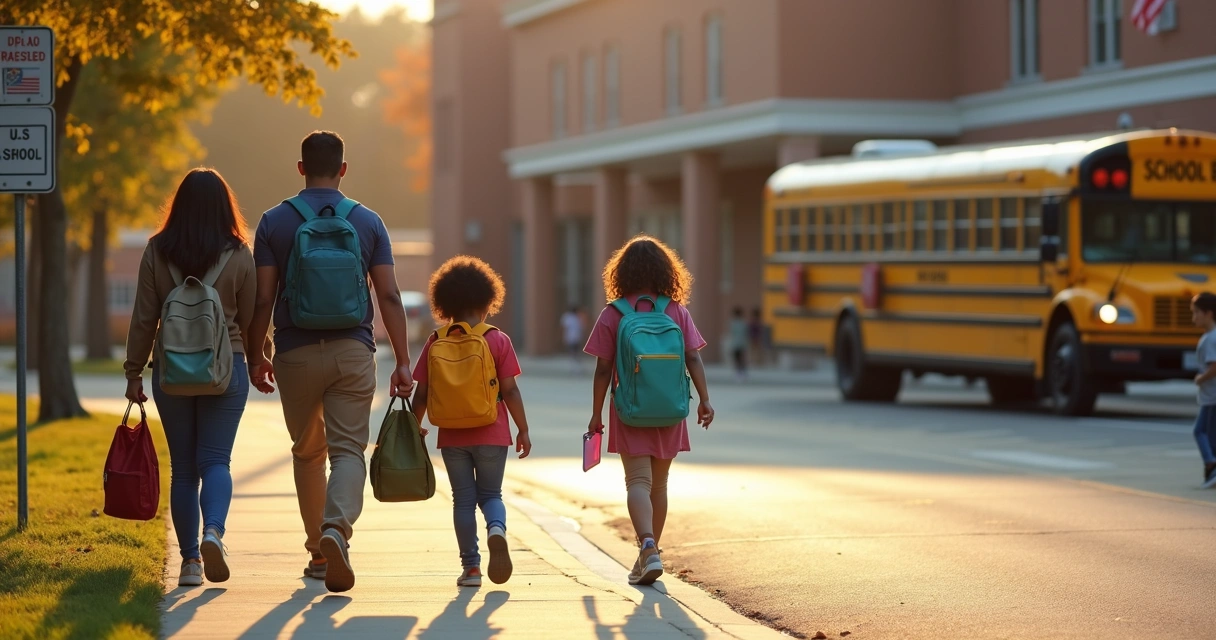 Crianças com mochilas caminhando para escola nos Estados Unidos com pais brasileiros 