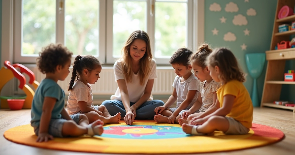 Crianças pequenas em roda participando de brincadeira guiada com uma educadora em salão colorido 