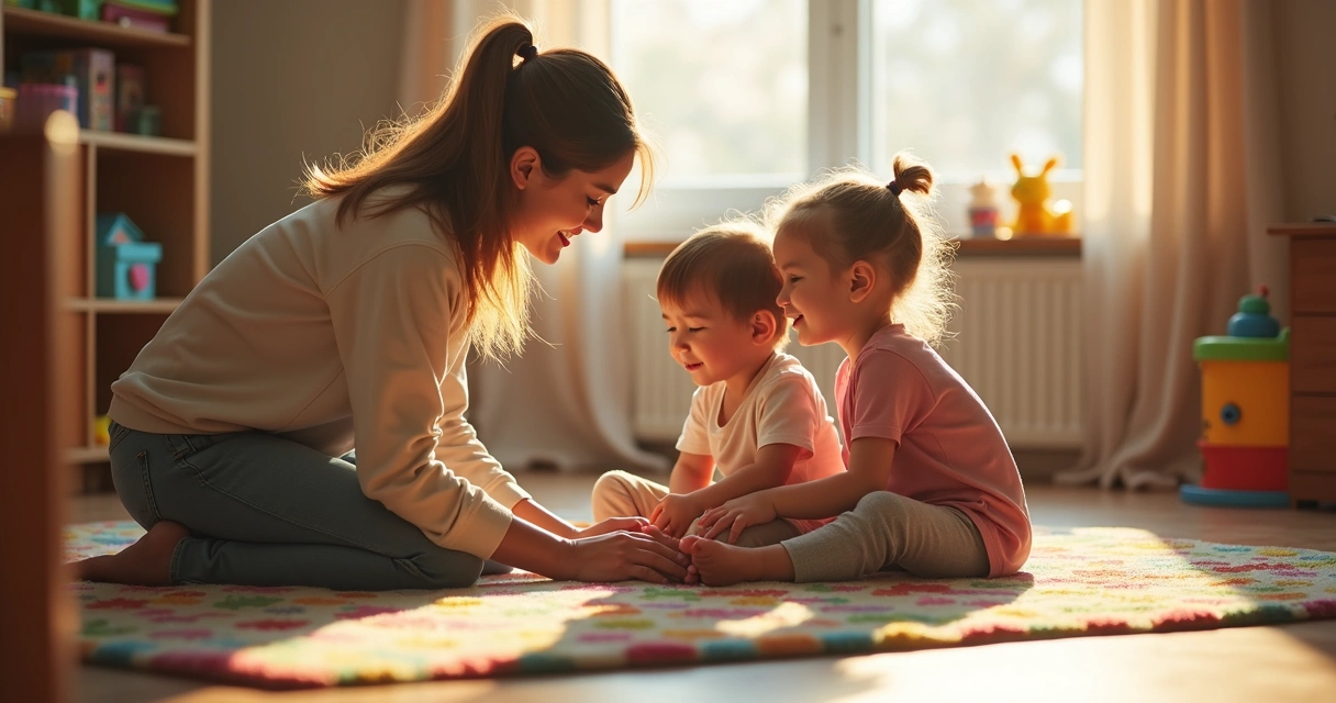 Crianças brincando e adulto demonstrando acolhimento 