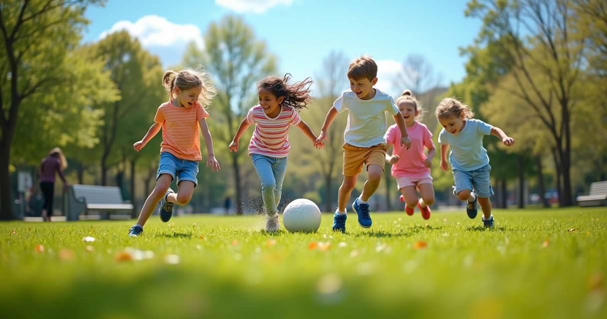 Grupo de crianças brincando ao ar livre em parque 