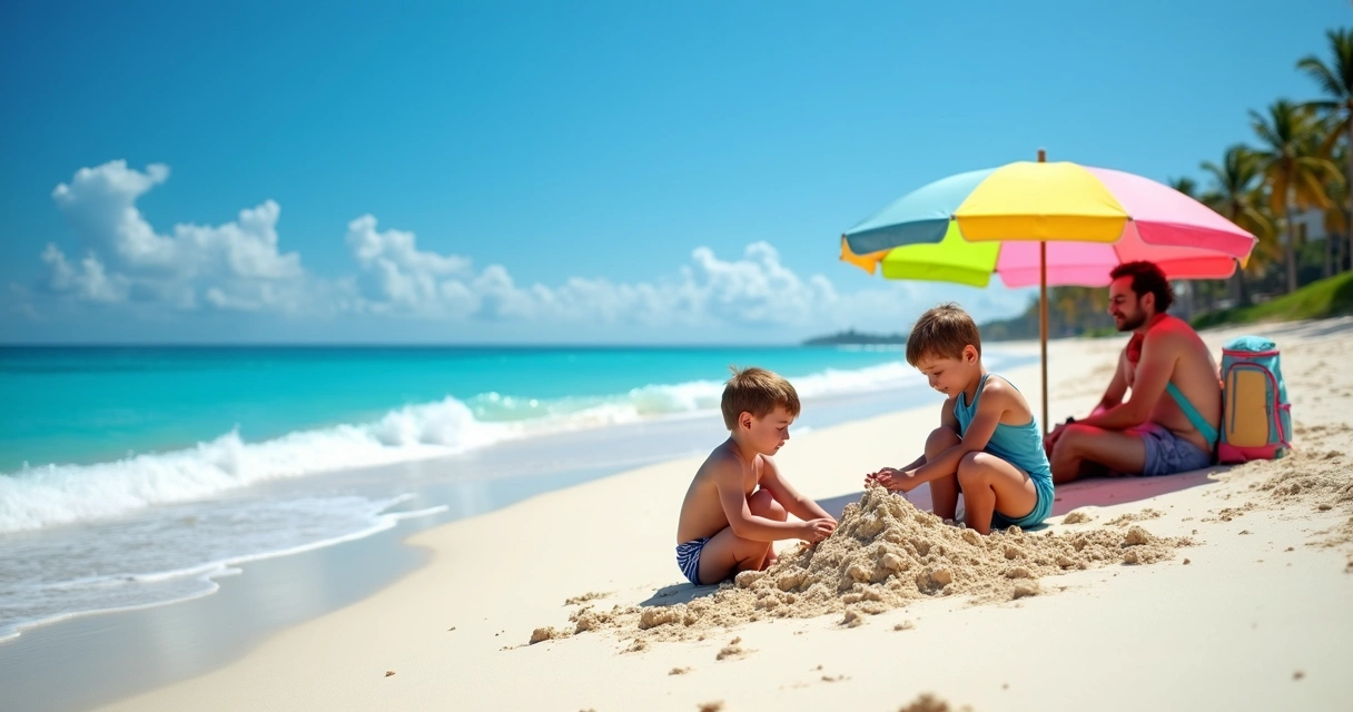 Crianças brincando na areia com castelos de areia na praia da Flórida