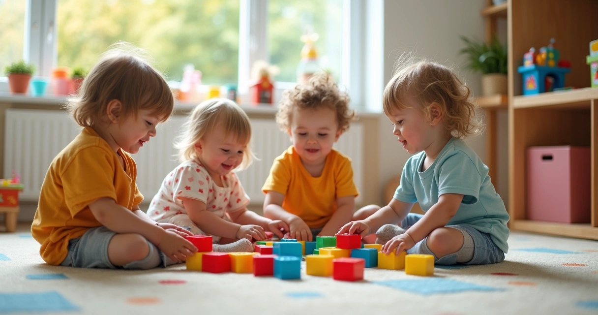 Crianças brincando com blocos de montar coloridos em ambiente iluminado e alegre 