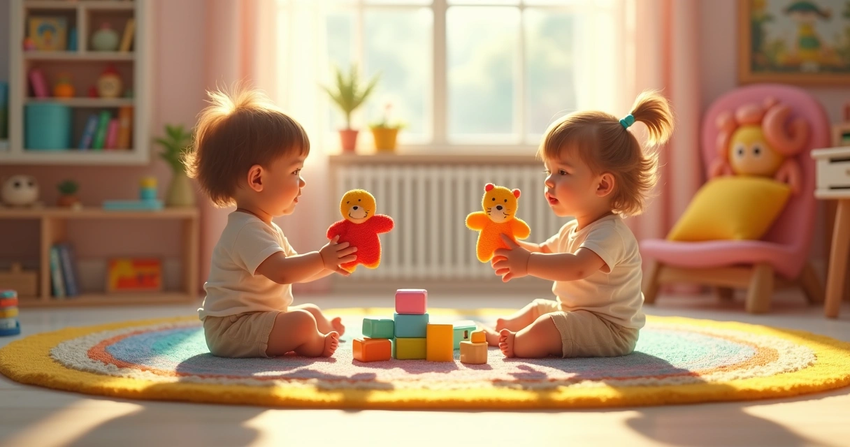 Duas crianças pequenas brincando juntas em uma sala iluminada, uma com fantoches e outra organizando blocos coloridos sobre um tapete 