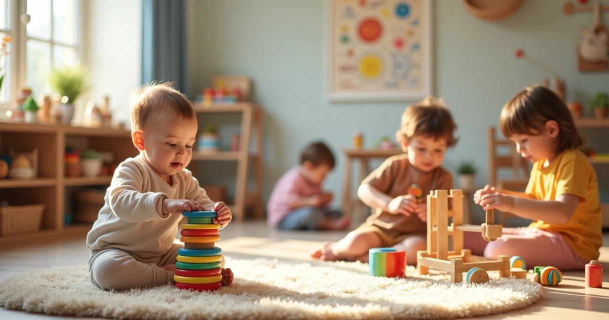 Crianças de idades diferentes brincando juntas com brinquedos educativos em uma sala colorida 