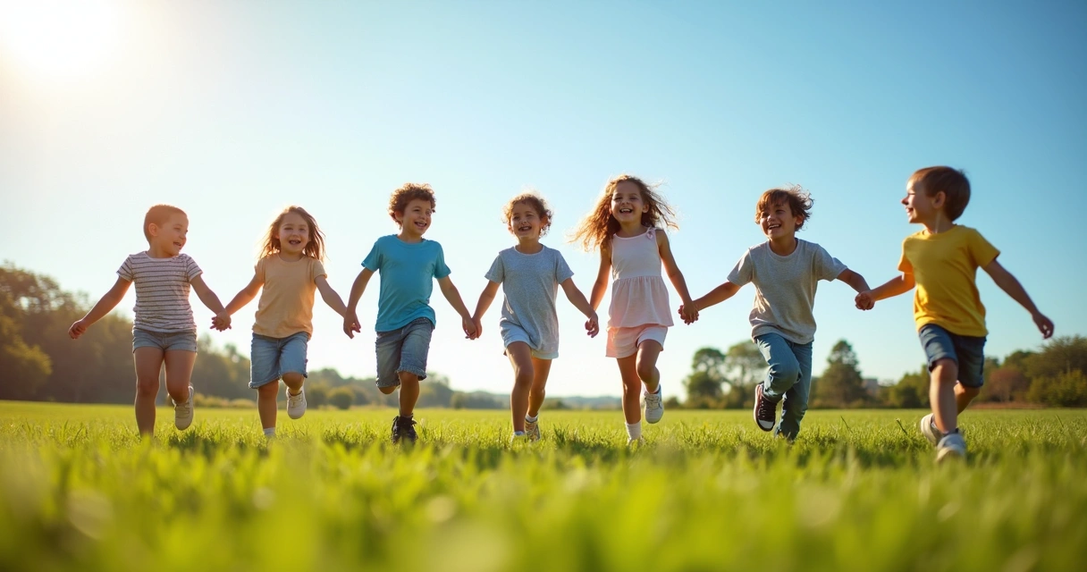 Crianças brincando juntas em um campo aberto mostrando amizade 