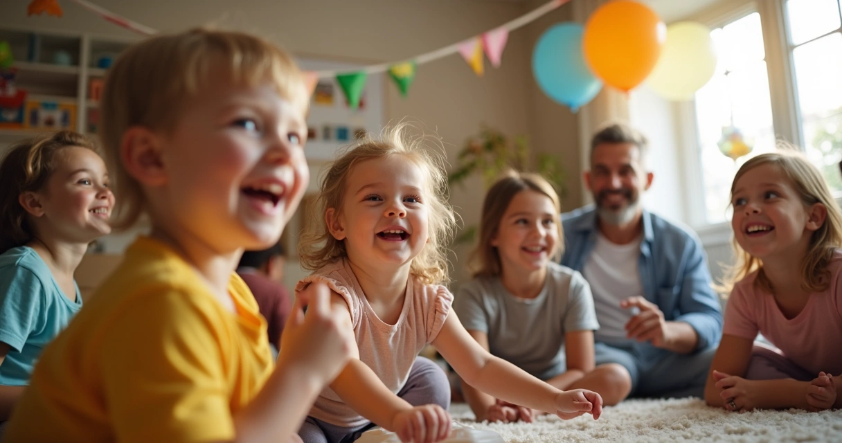 Crianças brincando e sorrindo em festa de família, com adultos ao fundo 