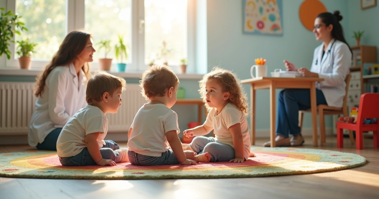 Crianças brincando em sala moderna e colorida de clínica pediátrica 