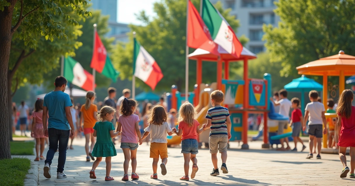 Crianças brincando em parque em país diferente 