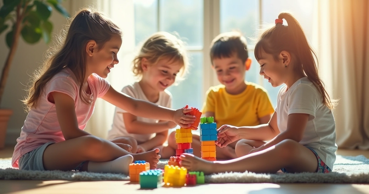 Crianças brincando com blocos de montar coloridos em um tapete 