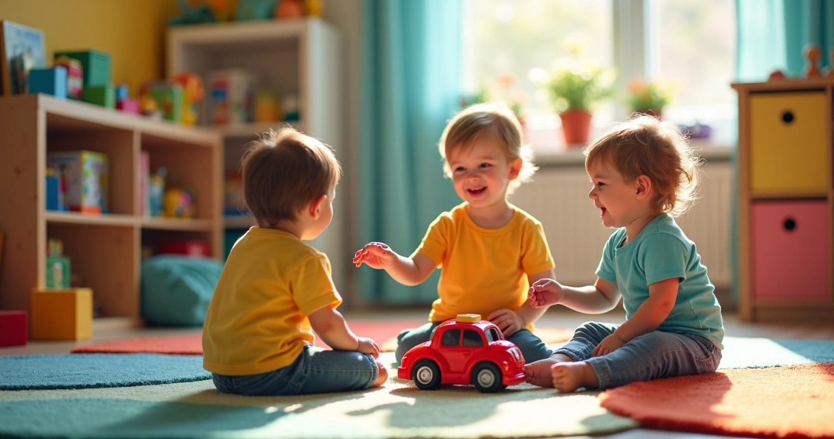 Crianças brincando e compartilhando brinquedos em sala colorida 