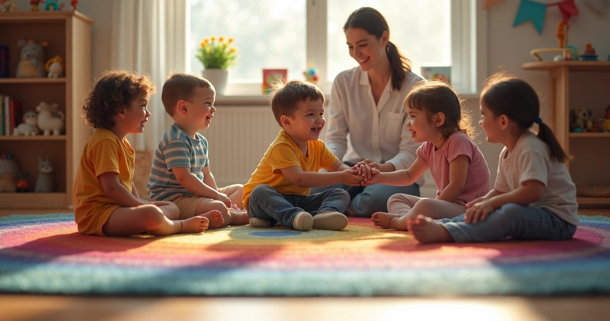 Grupo de crianças brincando sentadas em círculo 