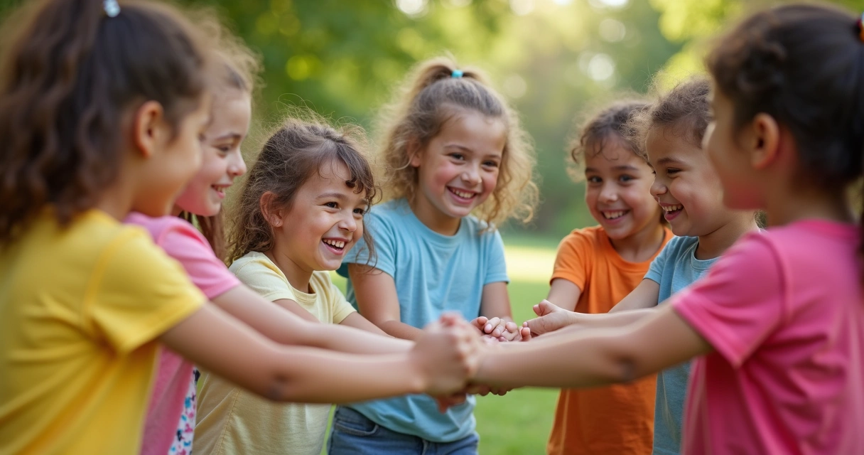 Crianças brincando juntas em roda, sorrindo, ao ar livre 