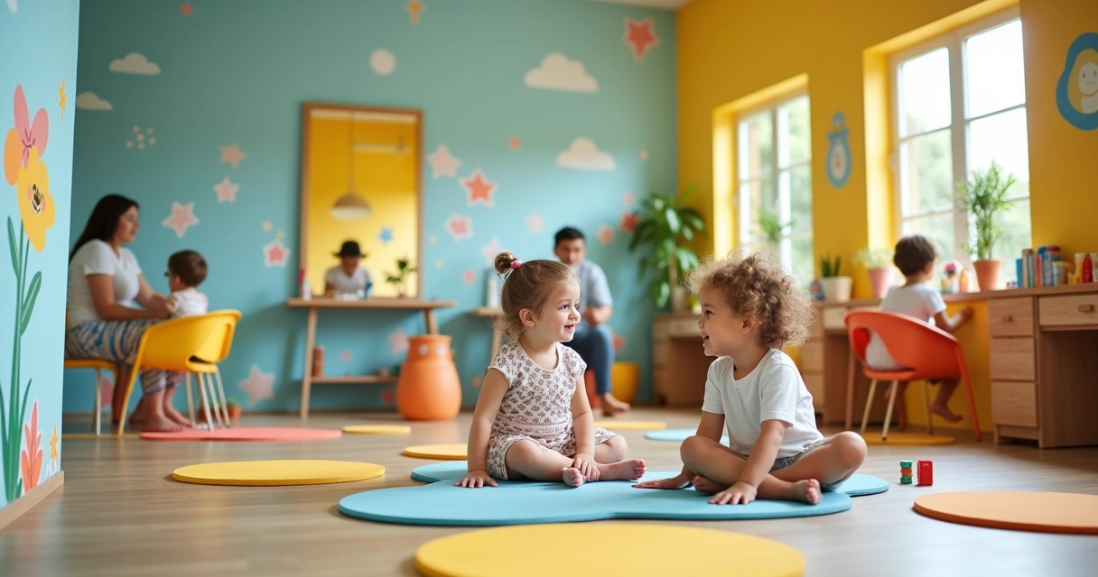 Crianças pequenas brincando em espaço kids de salão 