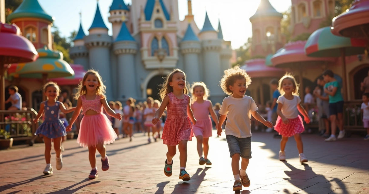 Crianças brincando próximo a atrações coloridas da Fantasyland na Disney 