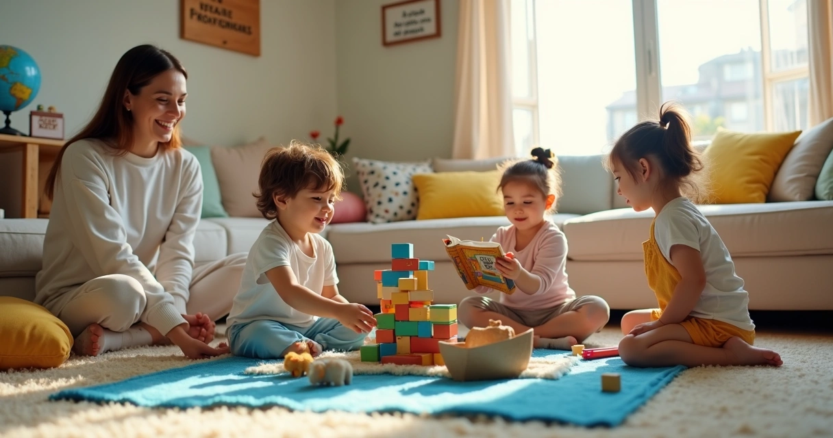 Crianças pequenos brincando com brinquedos e bíblia infantil em sala colorida 