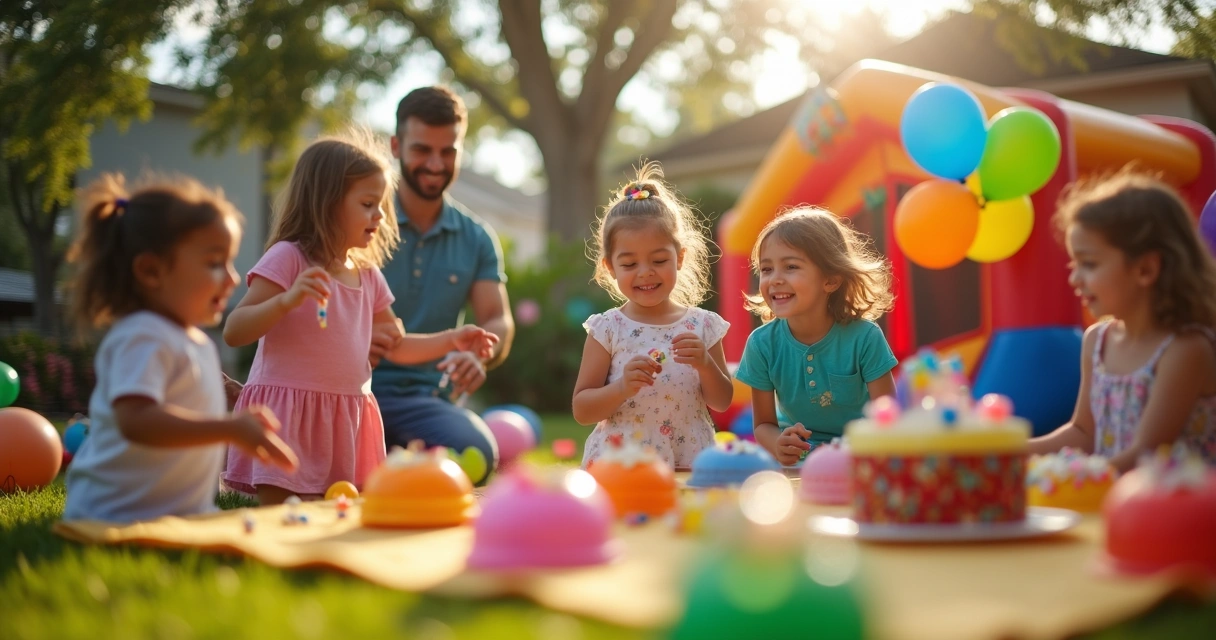 Crianças brincando juntas em uma festa com decoração colorida 