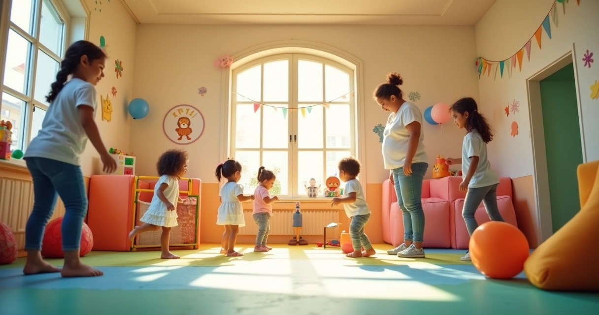 Crianças brincando em espaço infantil com brinquedos seguros e monitoria 