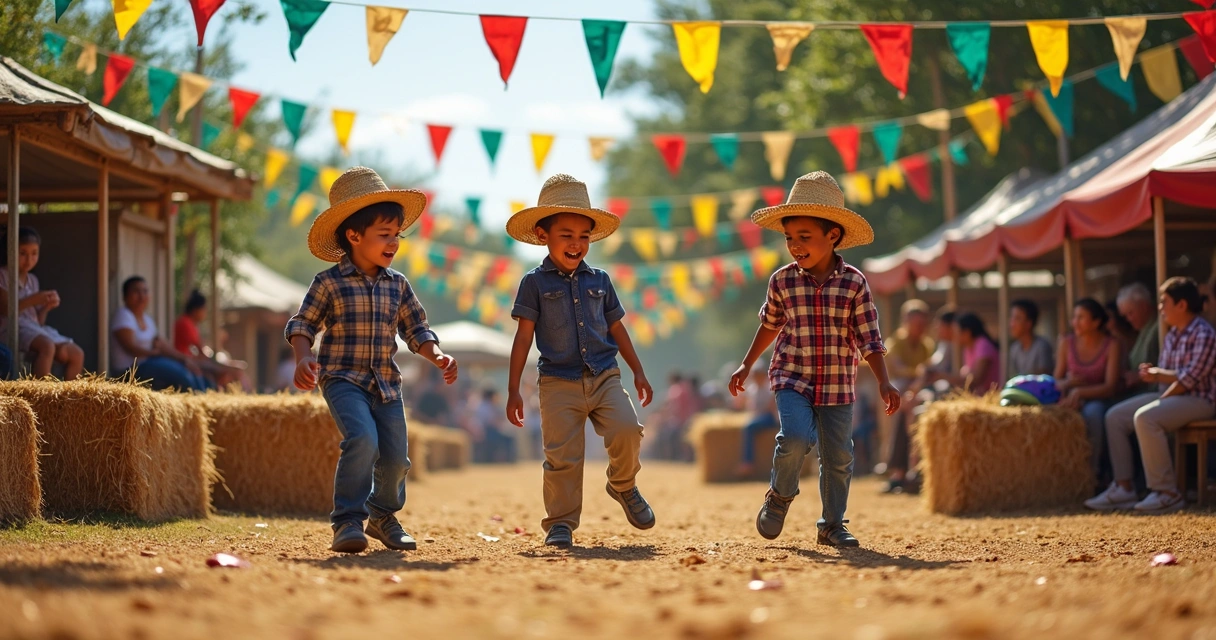 Crianças brincando em festa junina decorada com bandeirinhas na Flórida 