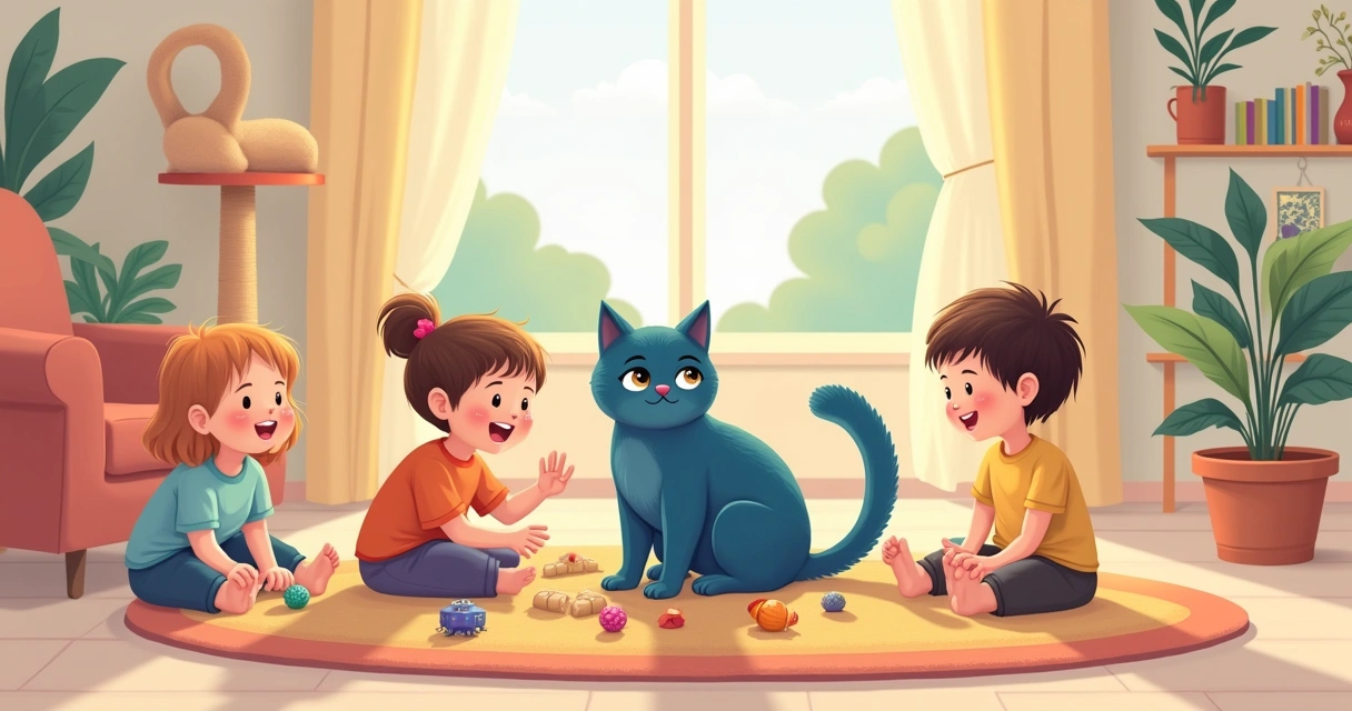 Crianças brincando com um gato azul russo em uma sala aconchegante e iluminada.