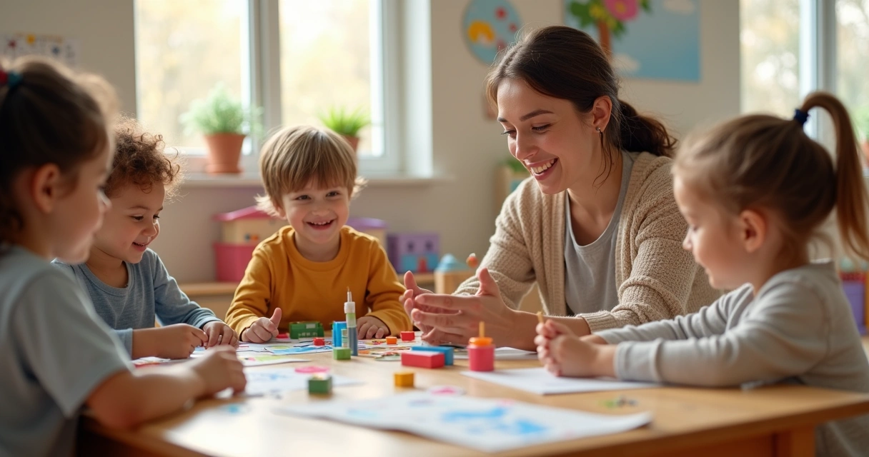 Grupo de crianças pequenas brincando e seguindo instruções de uma monitora em uma sala colorida 
