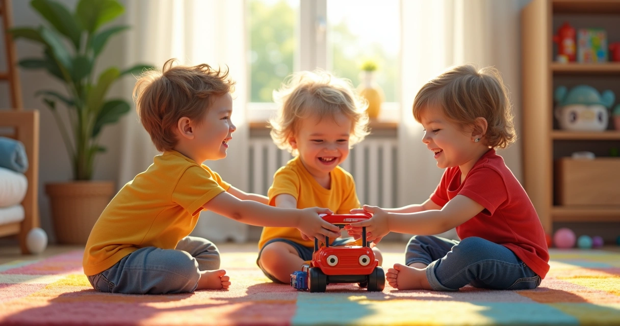 Crianças pequenas compartilhando brinquedos numa sala iluminada, brincando juntas com sorrisos e expressão de cooperação 