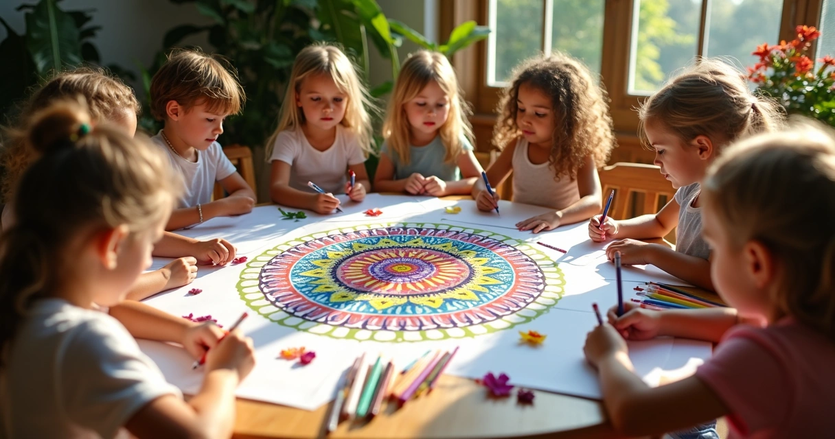 Crianças desenhando mandala colorida juntas em mesa de madeira