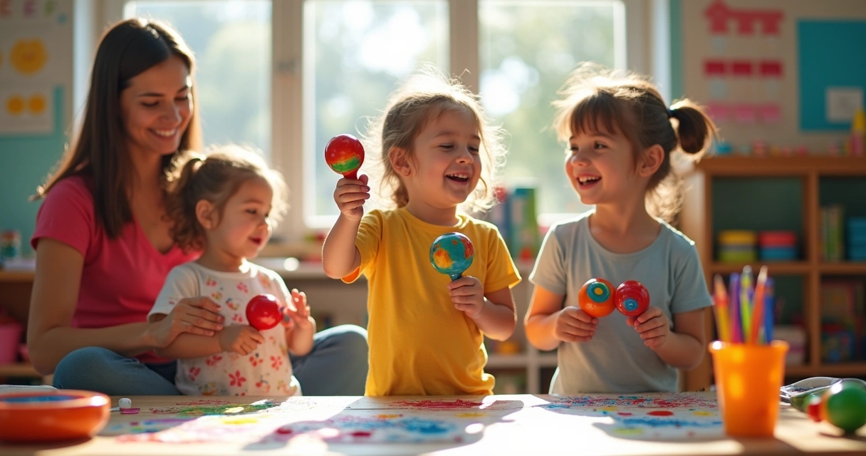 Crianças brincando com instrumentos coloridos 