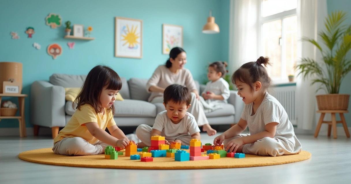 Crianças brincando com blocos de montar em uma sala colorida