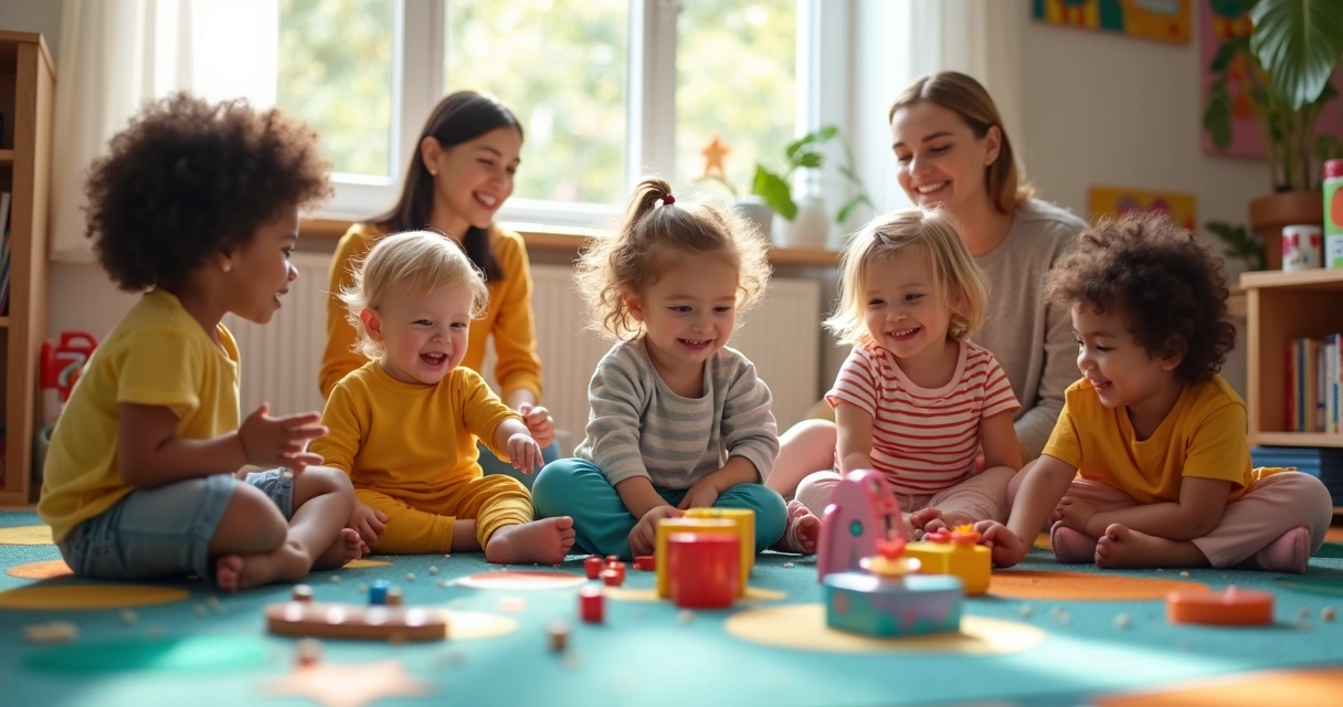 Crianças brincando juntas em uma sala de aula colorida 