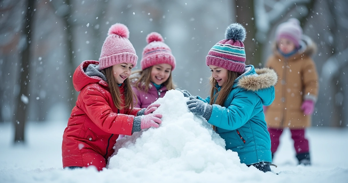 Crianças brincando na neve usando roupas coloridas de inverno