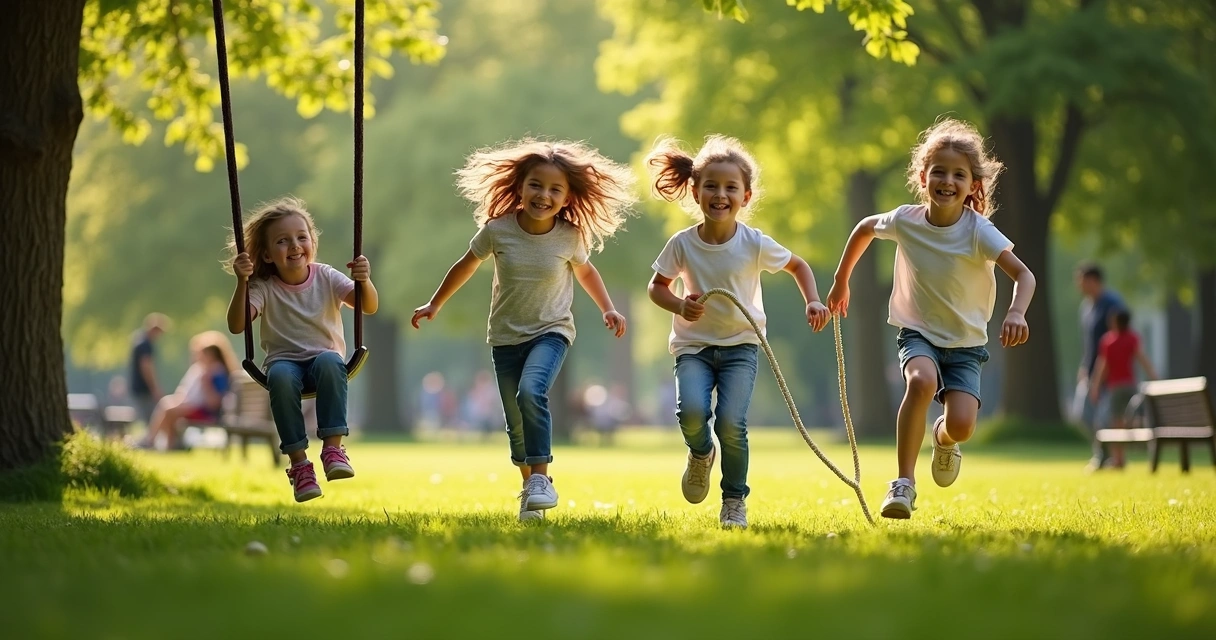 Crianças brincando juntas em um parque com árvores, sorrindo e pulando 