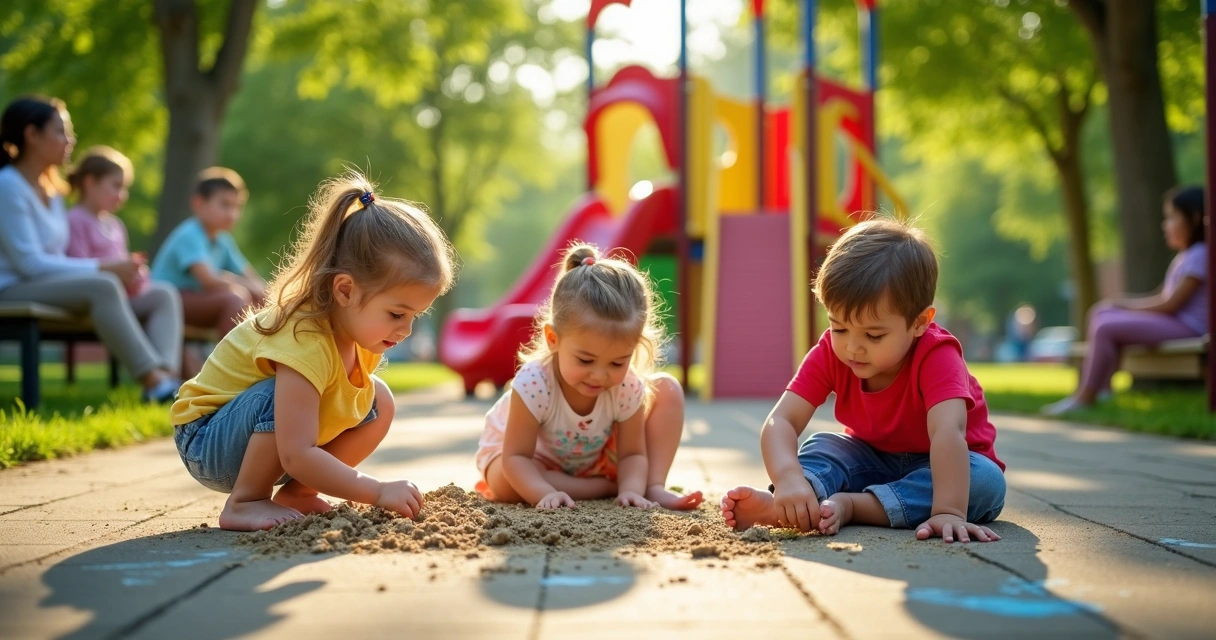 Crianças brincando em parque com árvores e brinquedos 