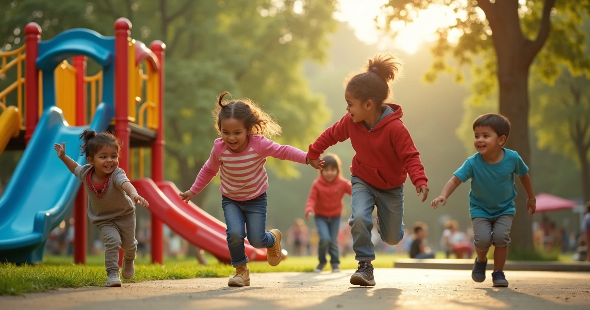 Crianças de diferentes idades brincando em um parque com árvores e brinquedos coloridos 