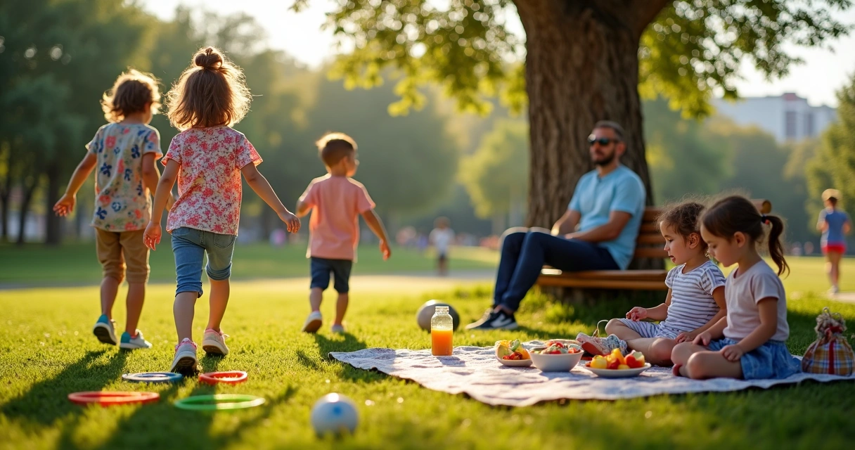 Crianças pequenas brincando em parque arborizado com pais ao fundo 