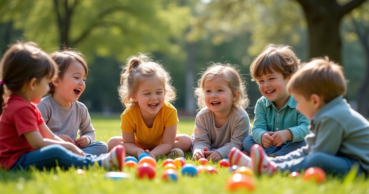 Crianças brincam em círculo no pátio escolar com brinquedos coloridos 