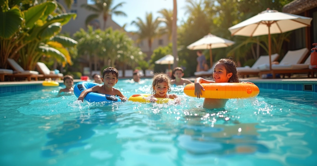 Crianças brincando em piscina de hotel 