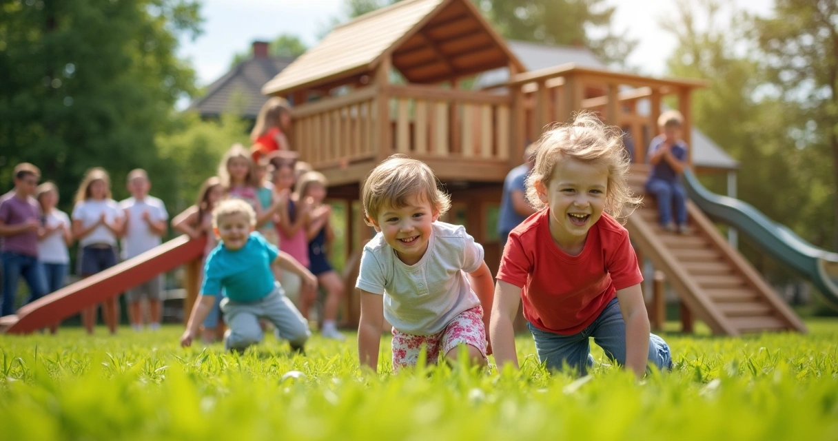 Crianças brincando em parquinho novo de madeira, público, clima ensolarado