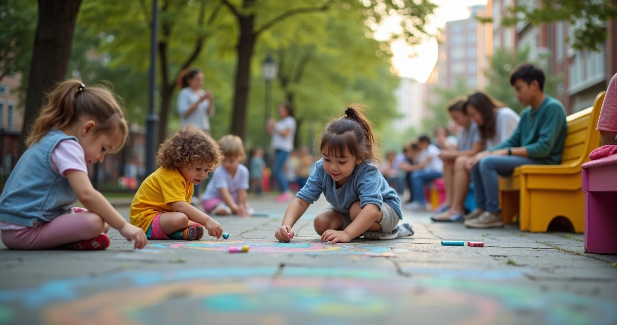 Crianças e adultos brincando juntos em rua de bairro urbano.