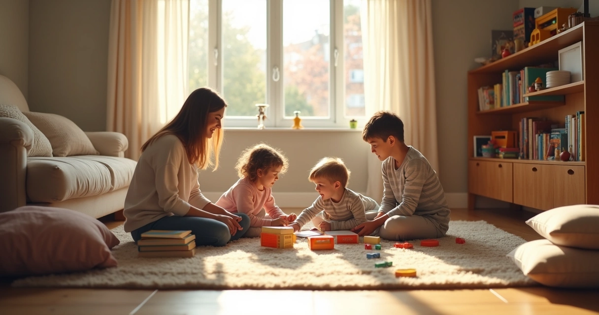 Crianças brincando sentadas no chão de uma sala aconchegante