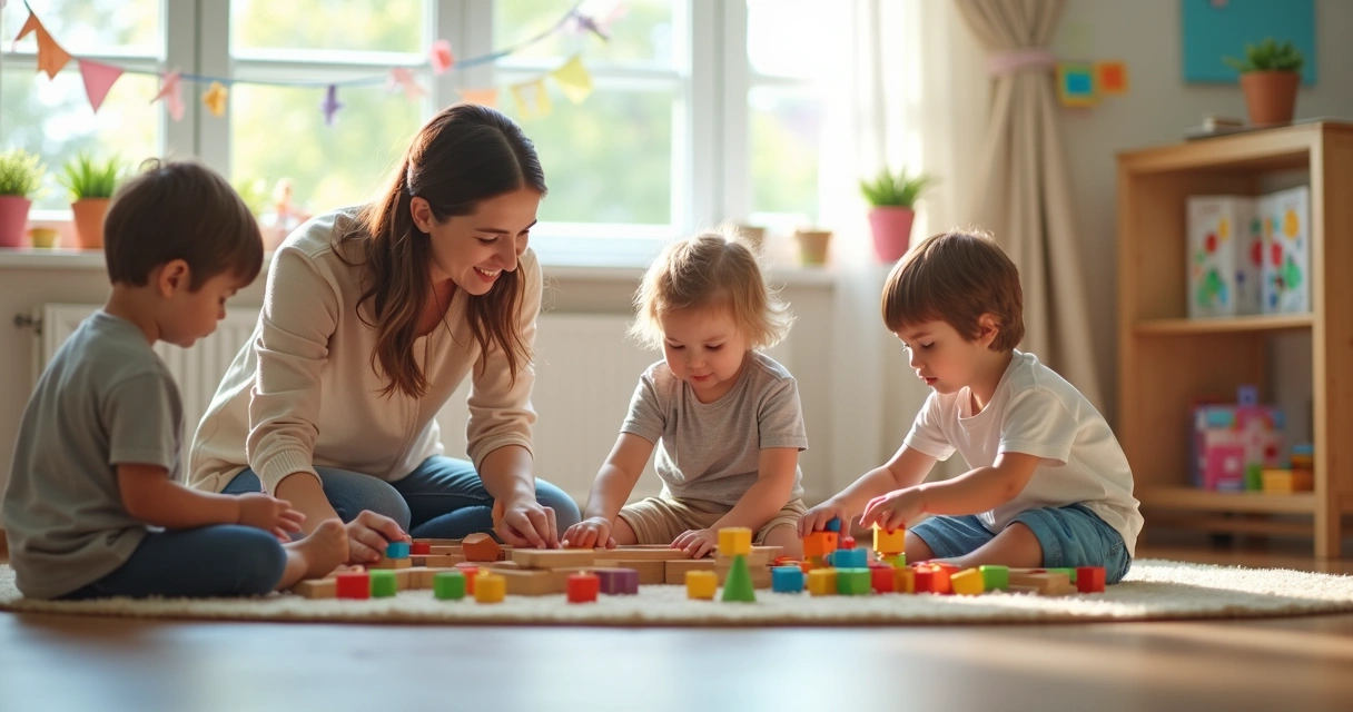 Crianças brincando juntas em uma sala de aula com brinquedos de madeira 