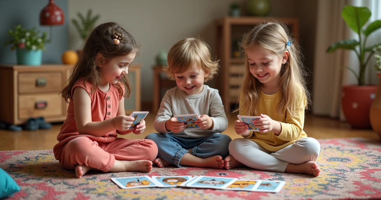 Crianças sorrindo enquanto brincam com cartas de tarot infantil coloridas 