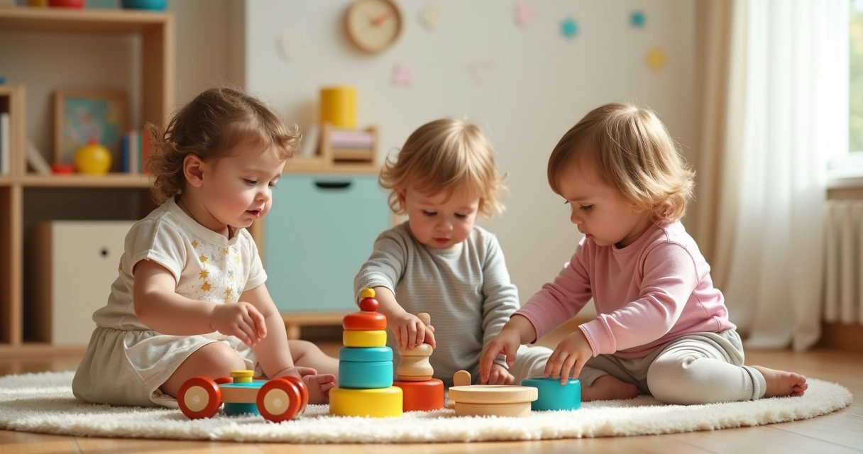 Crianças pequenas brincando com brinquedos educativos de madeira em sala colorida 