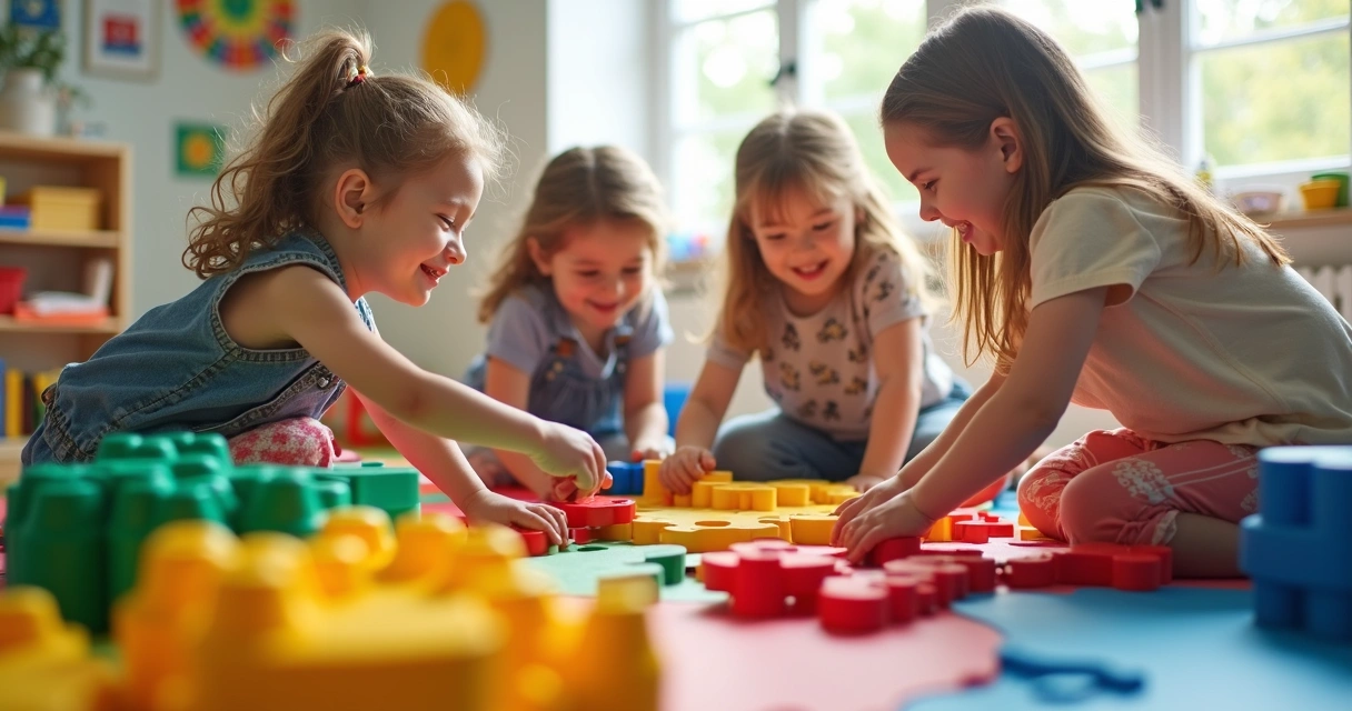 Crianças montando brinquedos modulares coloridos em chão de borracha