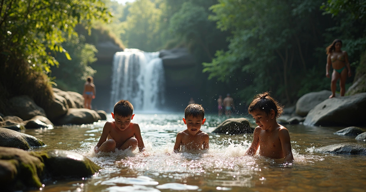 Crianças brincando próximas a uma cachoeira em meio à natureza 