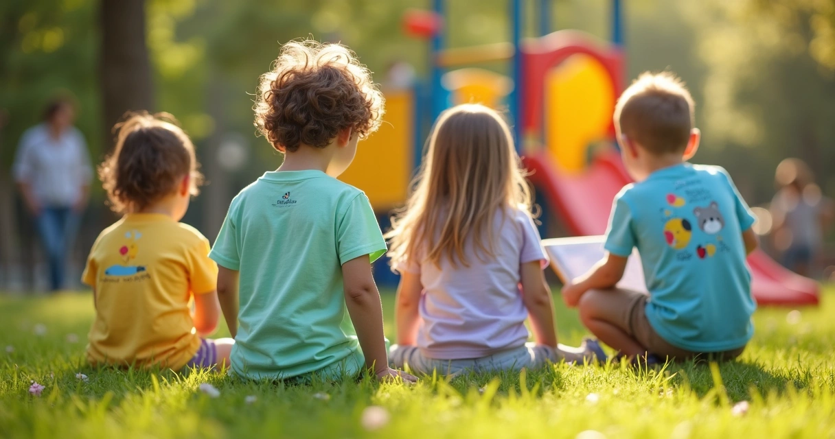 Crianças em parque usando camisetas de educação infantil personalizadas 