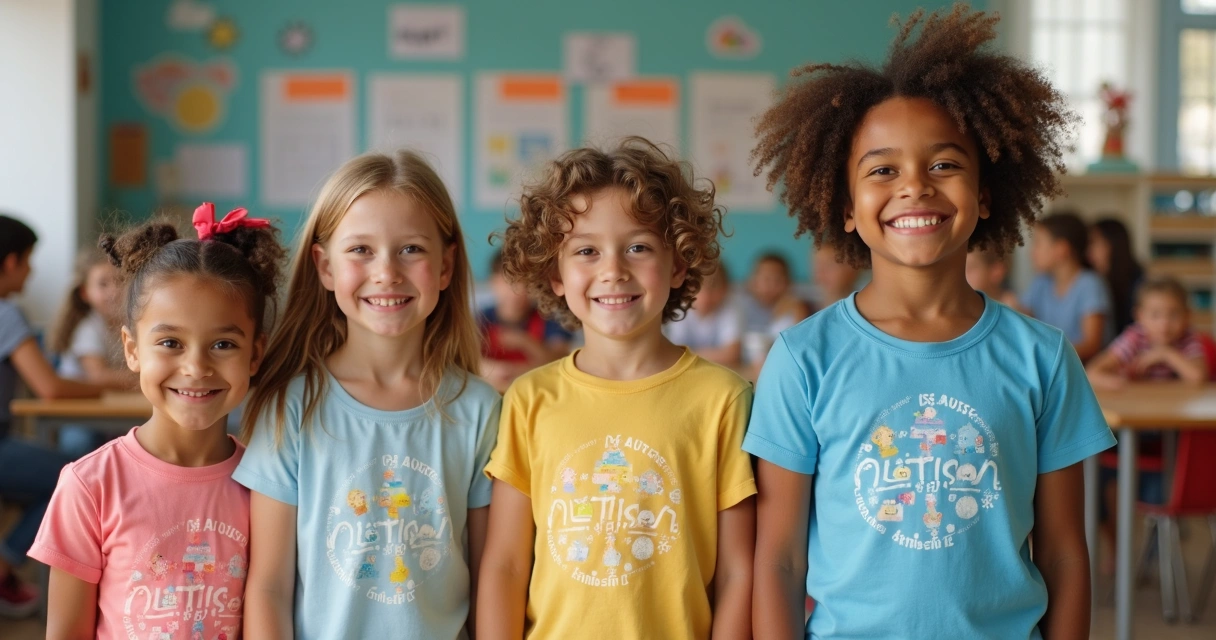 Crianças com camisetas inclusivas em ambiente escolar 