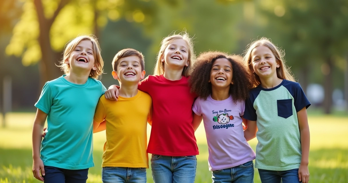Grupo de crianças usando camisetas infantis personalizadas coloridas em um parque 